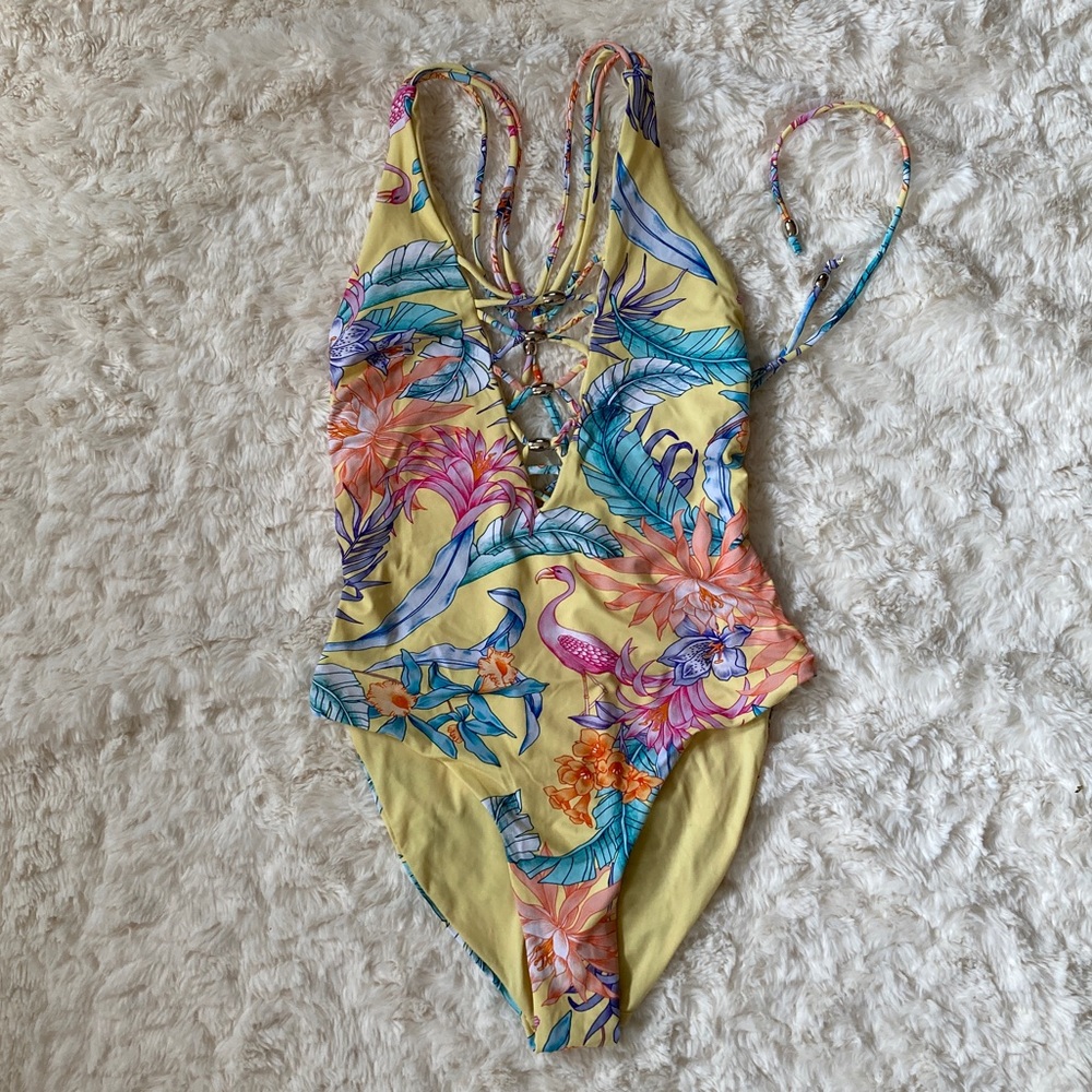 TiNiBiKiNi Yellow Flamingo Lace Up Back One Piece Swim Suit, Cheeky - Size Small